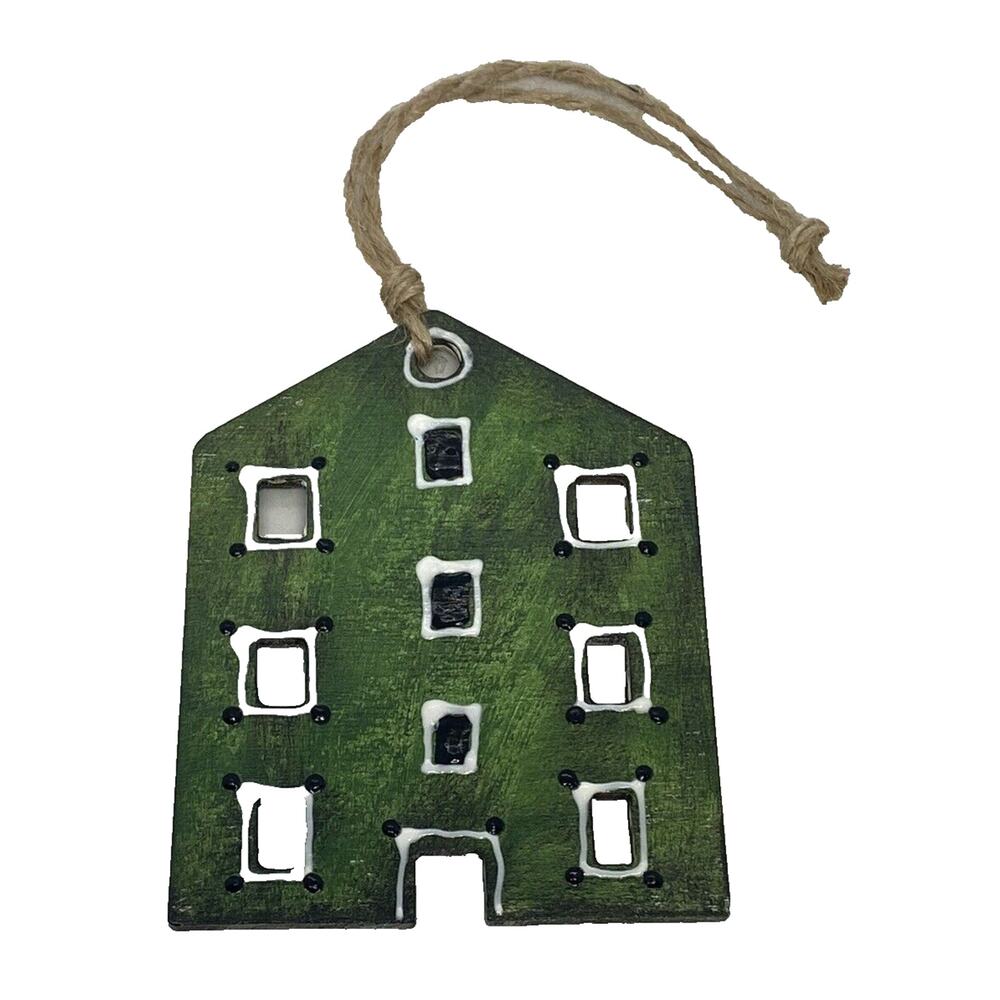Green Scandinavian House Ornament Decoration Handpainted Plywood Shabby Rustic